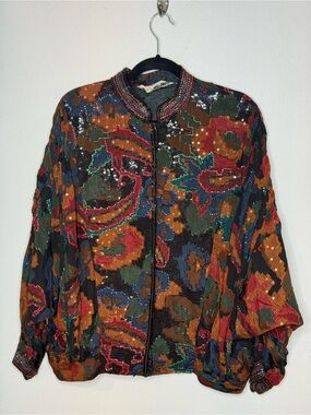 Vintage 80s Judith Ann Creations Silk Sequin Bomber Jacket